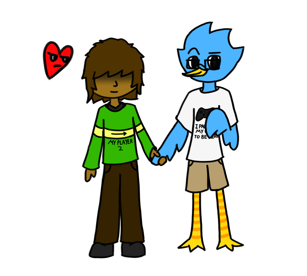 A drawing of Kris Dreemurr and Berdly Deltarune holding hands. Kris is wearing a shirt with an arrow pointing to Berdly that says 'my player 2'. Berdly is wearing a shirt that says 'I paused my game to be here'. The SOUL is staring at them in disapproval.
