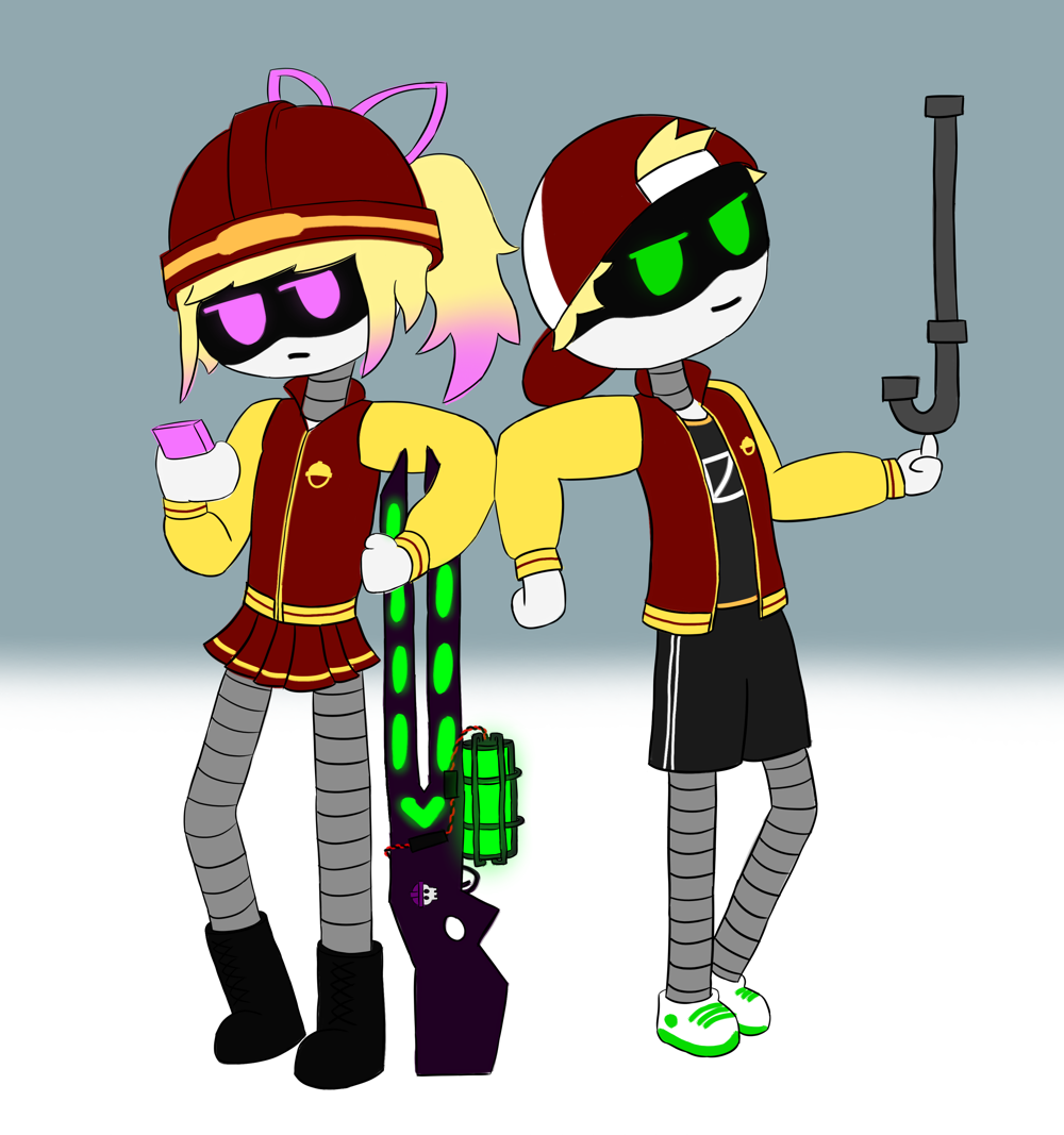 A drawing of Lizzy and Thad from Murder Drones. Lizzy is holding Uzi's sick as hell railgun and glancing up from her phone with a bored expression on her face. Thad is spinning a metal pipe on his finger and smirking.