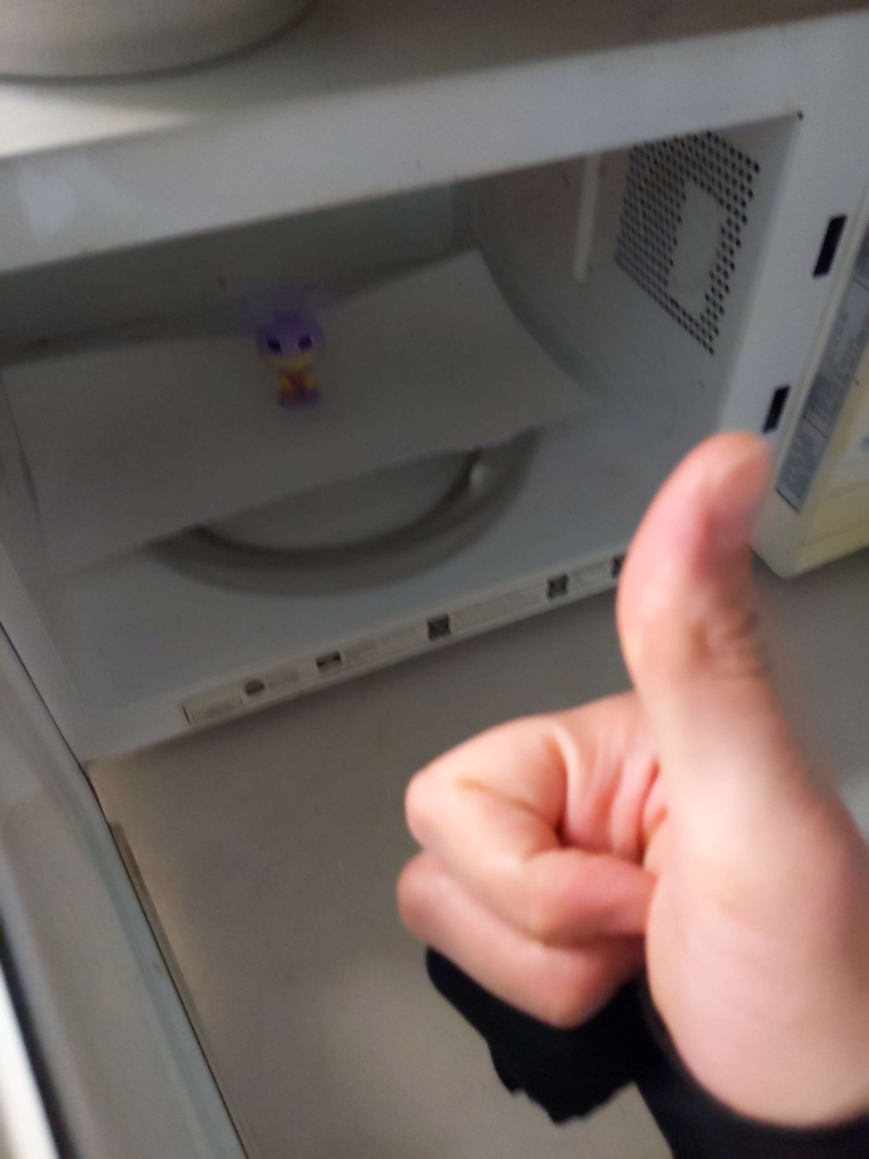 A really shitty blurry photograph of a small Jax figure in a microwave, with someone wearing a drawing tablet glove giving a thumbs up.